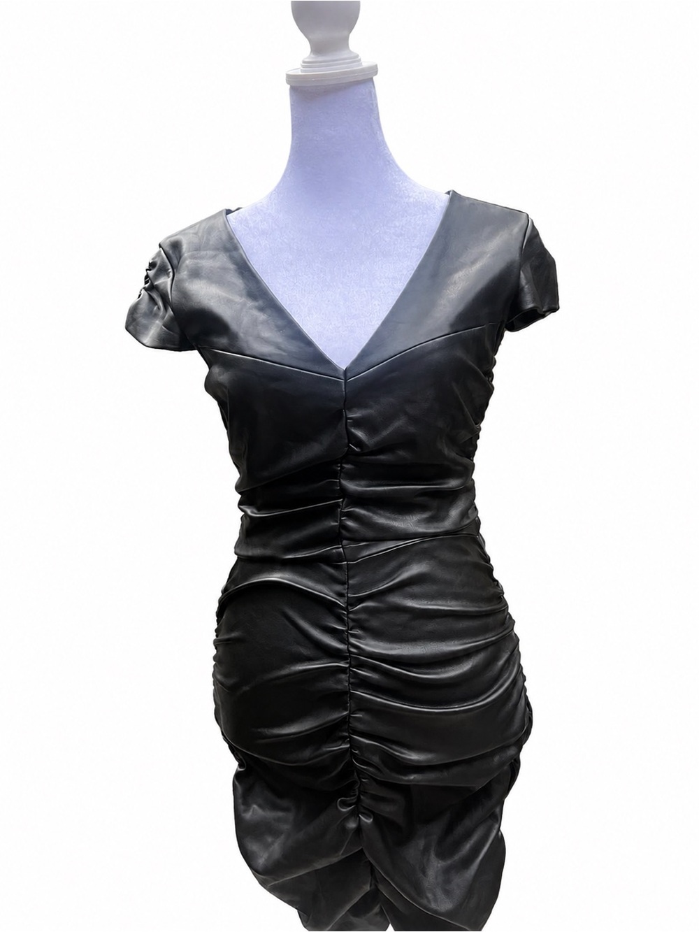 Zara Black Faux Leather Ruched Bodycon Mini Dress